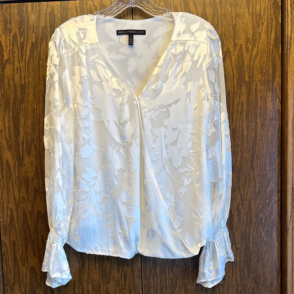 White House Black Market Floral White Silky Blouse